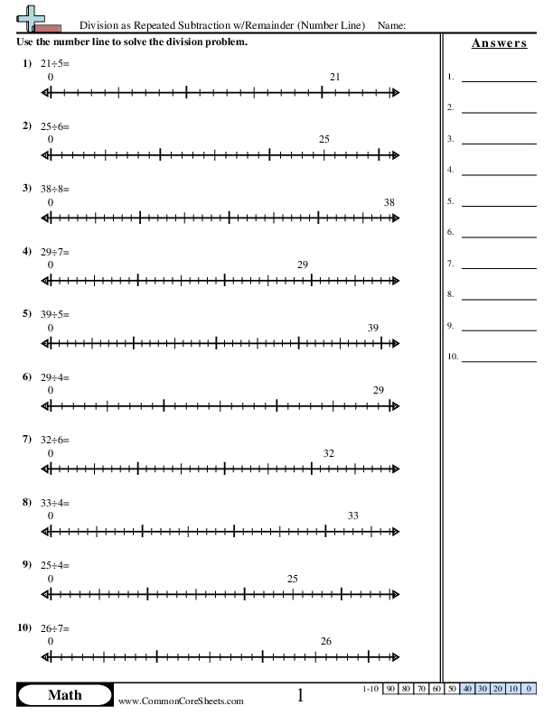 Division Worksheets - Division as Repeated Subtraction w/Remainder (Number Line) worksheet
